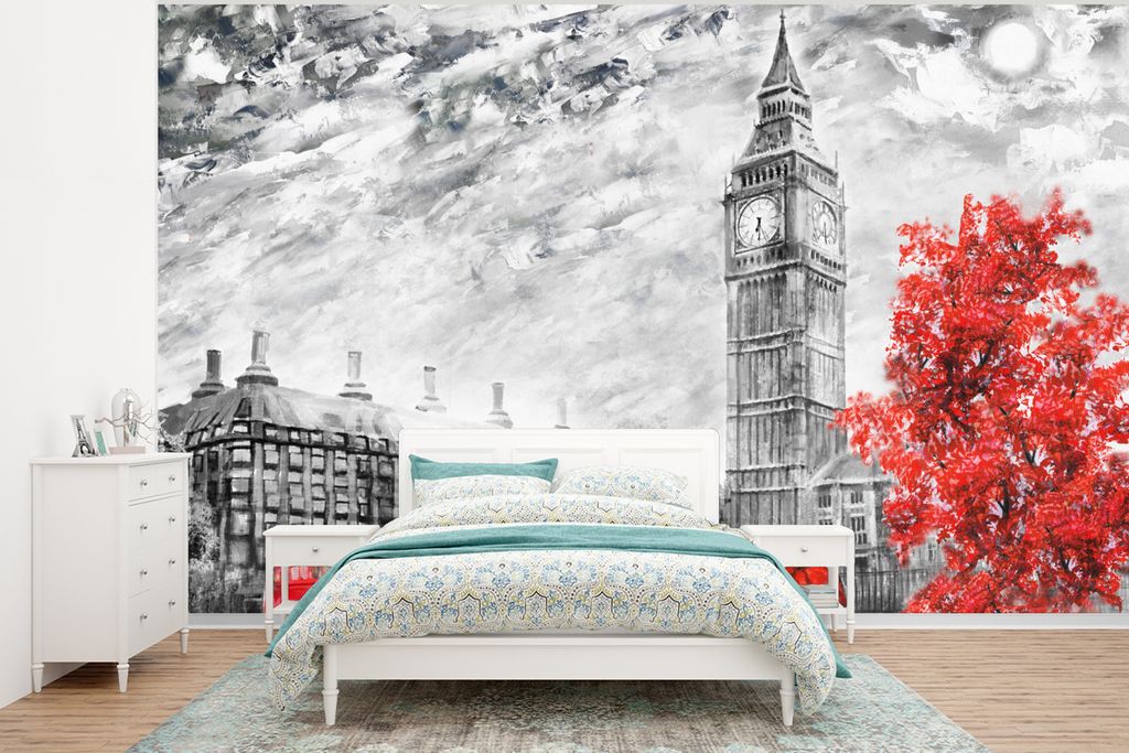 MuchoWow Fototapete für Wohnzimmer oder Schlafzimmer Wandtapete Vinyl Motivtapete Gemälde - Big Ben - Rot - Regenschirm - 320x240 cm - Tapeten