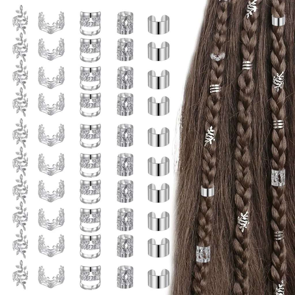 Bijoux pour cheveux argentés, kit de 70 accessoires tresses et dreadlocks