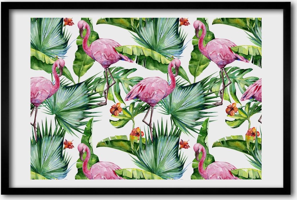 Bild 60x40 MDF-Rahmen, Wandkunst Flamingos Pflanzen
