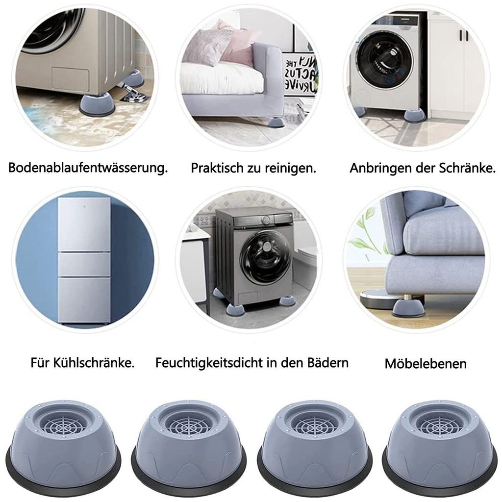 4 BUDOCI Vibrationsdämpfer – Höhenverstellbar 3,5–6 Cm, Für Waschmaschine, Trockner, Kühlschrank, Grau/schwarz