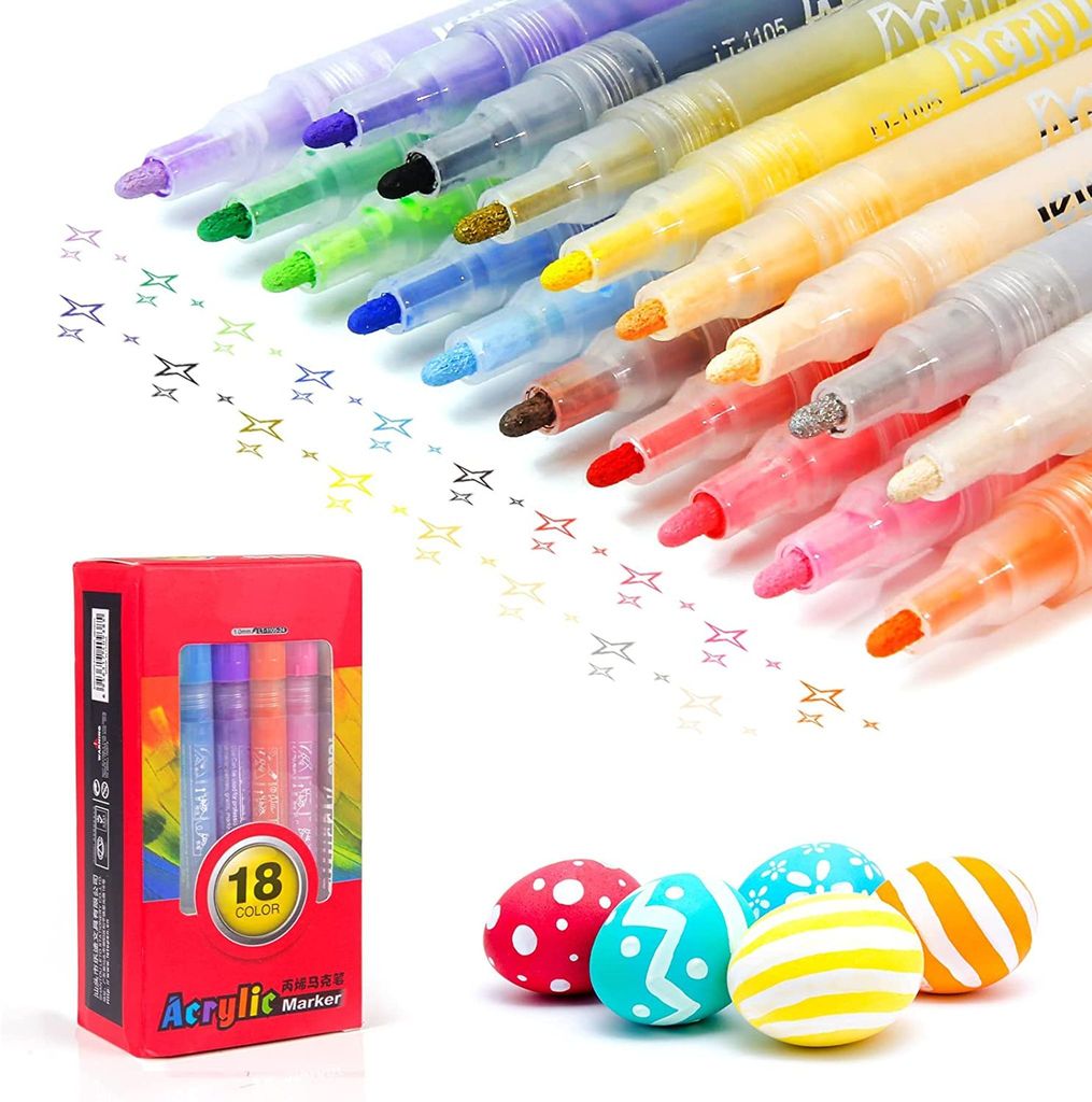Acrylstifte 18 Farben,Wasserfeste Marker Stifte Permanent Marker Stifte für Steine, Keramik, Glas, Holz, Leinwand