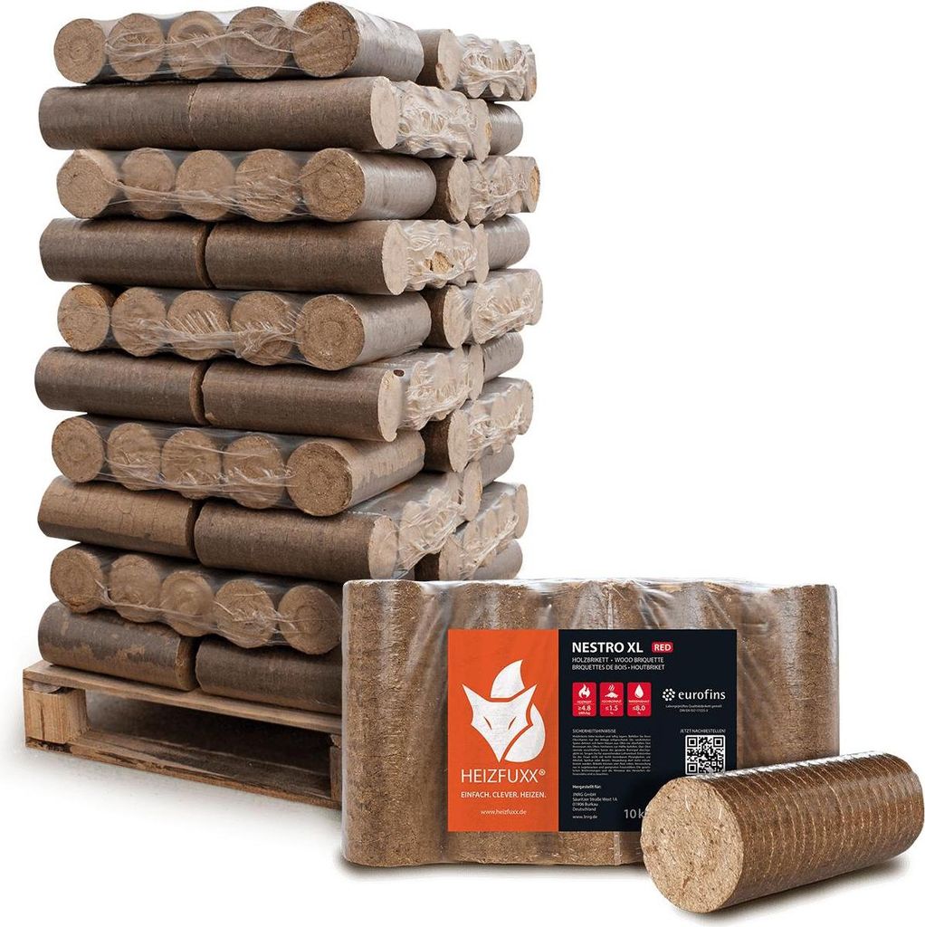 A pallet of compressed wood briquettes for fuel, with a smaller package of briquettes and one loose briquette in the foreground.