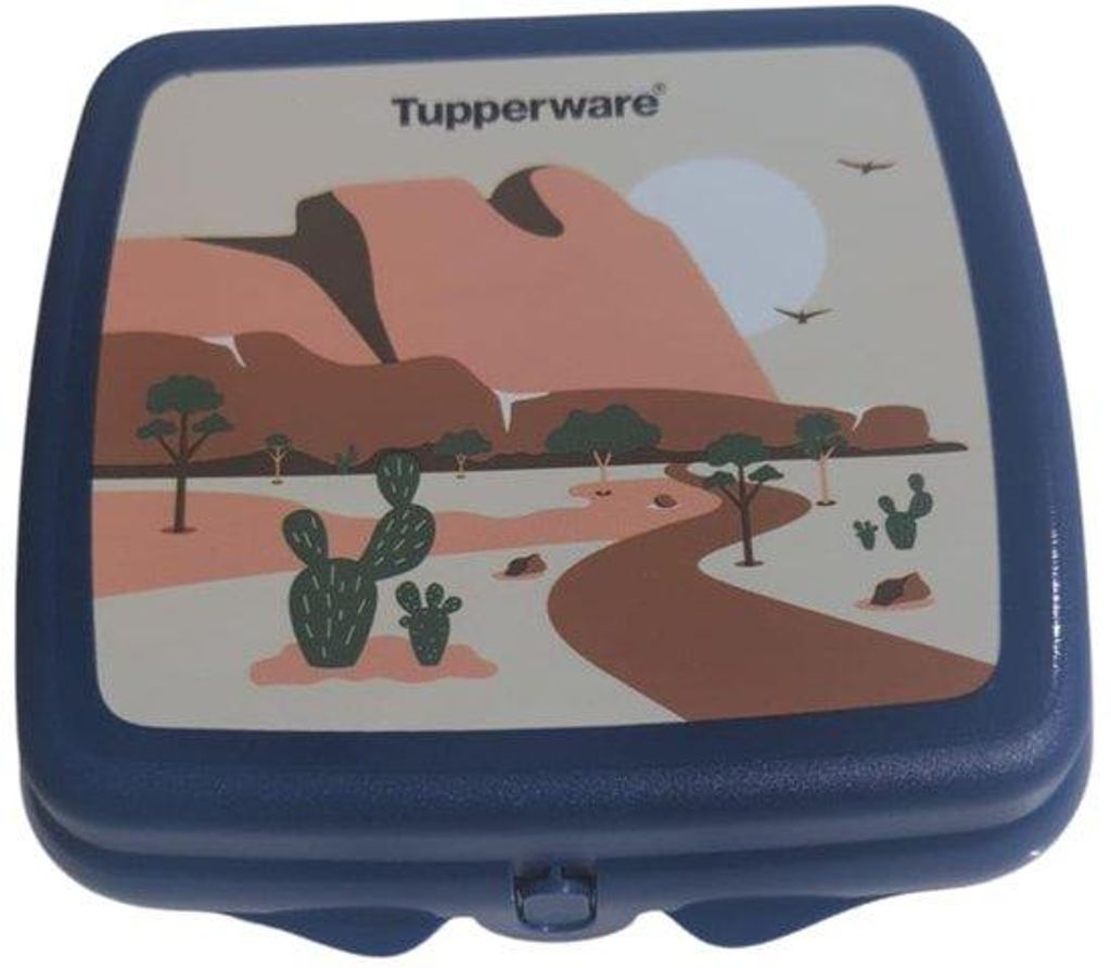 Vierkante Lunchbox aus Kunststoff, blau mit Wüstenmuster, mit Schubladen und Schlössern