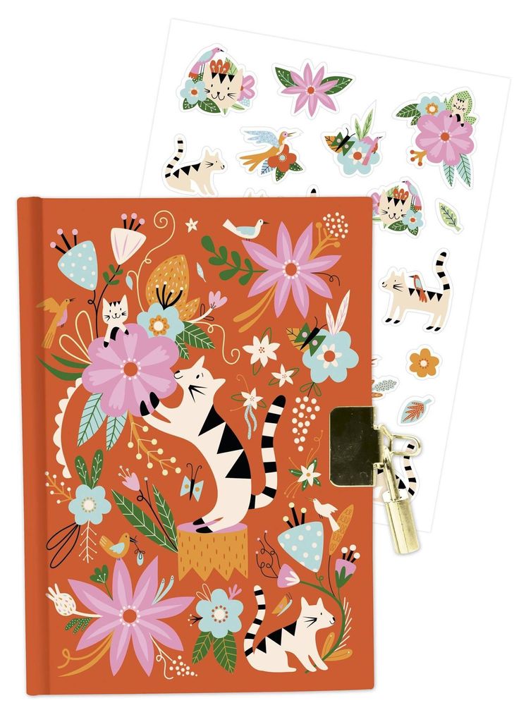 Avenue Mandarine Tagebuch, 240 Seiten, 11x14 cm, mit Schloss, Katzen und Blumen, liniert