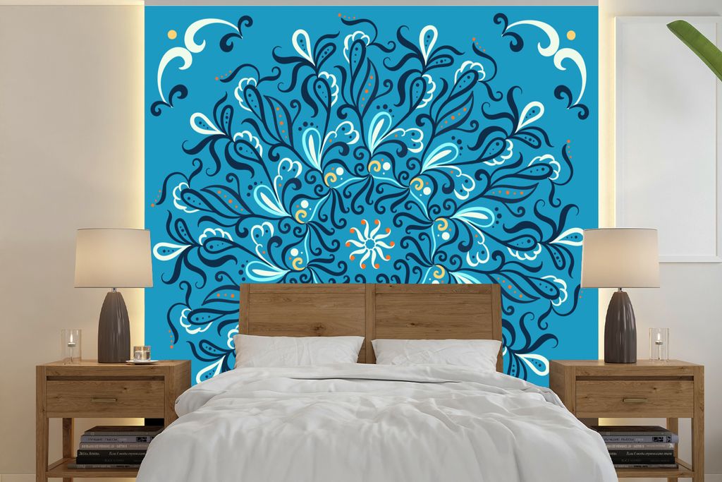 MuchoWow Fototapete für Wohnzimmer oder Schlafzimmer Wandtapete Vinyl Motivtapete Mandala - Blau - Muster - 240x240 cm - Schlafzimmer-Tapete