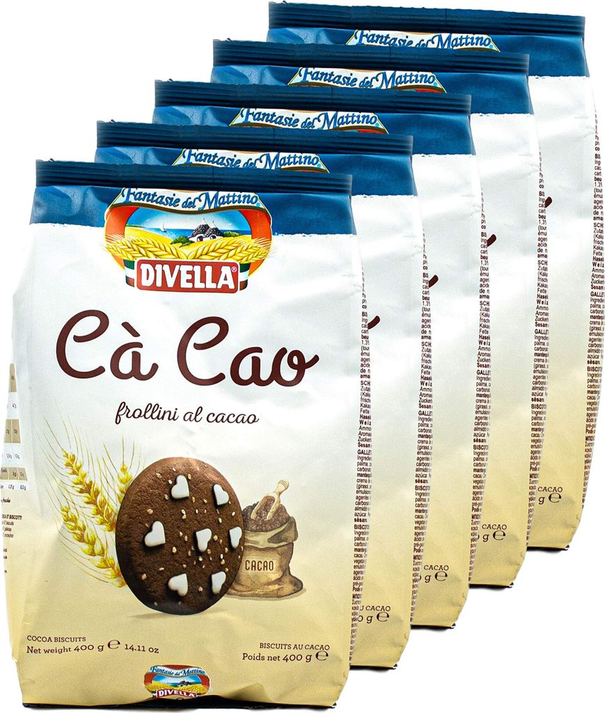 Divella - 5er Pack Cà Cao frollini al cacao in 400 g Packung - Biscuits Chip Cookies Butter Kekse mit Kakao und Zuckerkristallen veredelt traditio...
