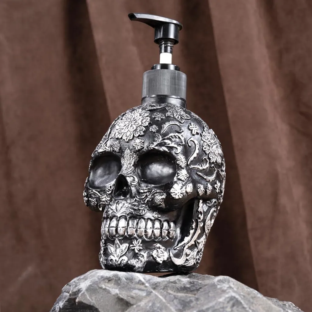 Skull Distributeur de Savon Noir et Argent - Flacon Pompe de 350ml