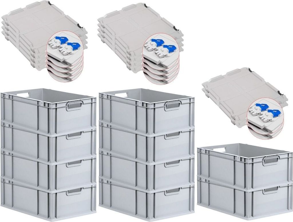 SuperSparSet 10x Eurobox NextGen Economy mit Scharnierdeckel und blauen Schiebeschnappverschlüssen | Griffe offen | HxBxT 22x40x60cm | 44 Liter | ...