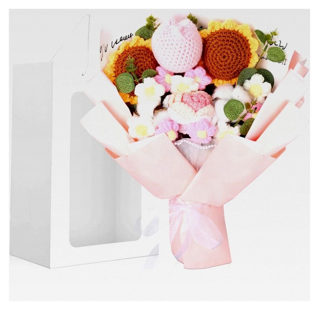 Gehäkelte Blumen, handgefertigte Sonnenblumen, Strauß mit Geschenktüte, ein schönes Geschenk für Weihnachten, Muttertag und Valentinstag, Orange