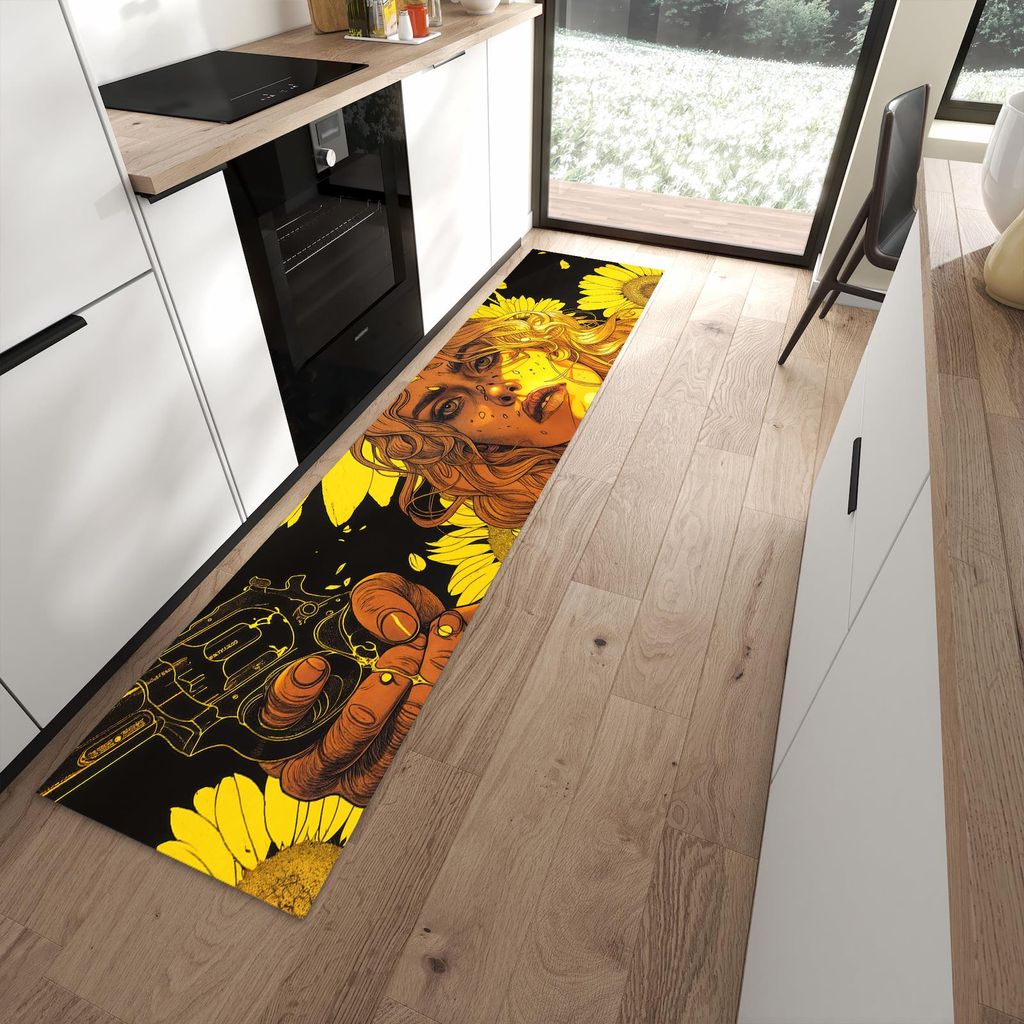 Küchenteppich 60x270cm rutschfest & abwischbar PVC Läufer - Sonnenblumenmädchen