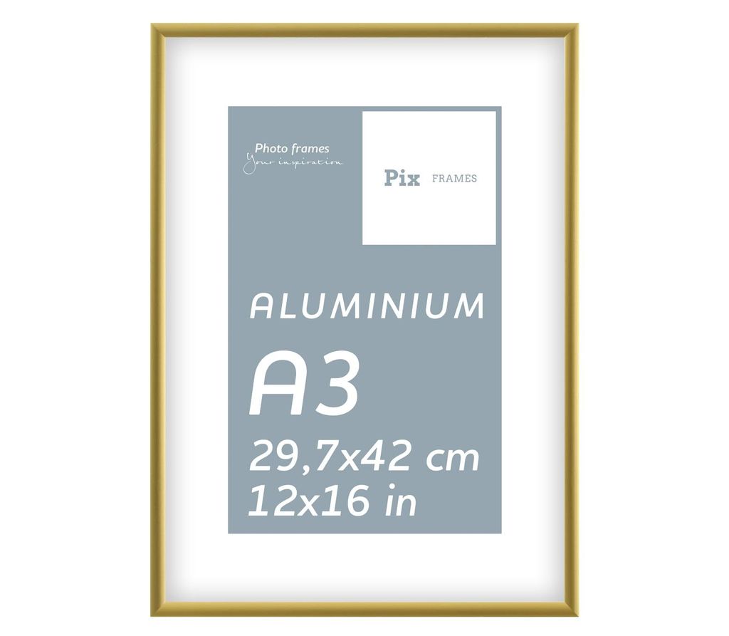 Pix FRAMES Bilderrahmen aus Aluminium, Scheiben aus acrylglas, Bilderrahmen zum Vertikalen und Horizontalen Aufhängen, Gold, 29,7x42 cm