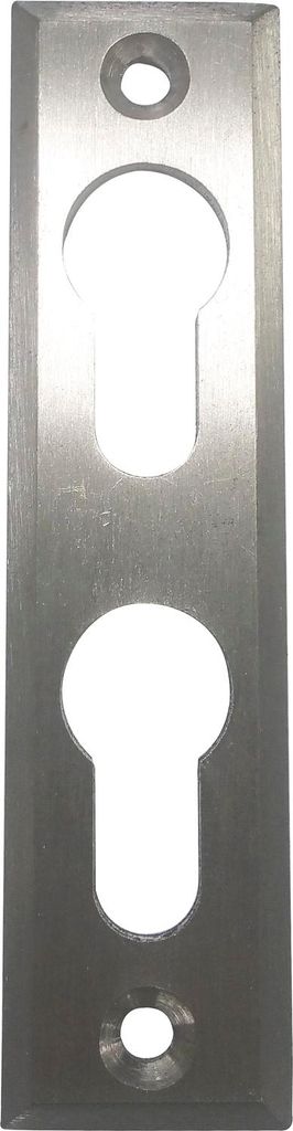 A rectangular metal plate with two keyhole-shaped cutouts and two small circular holes.