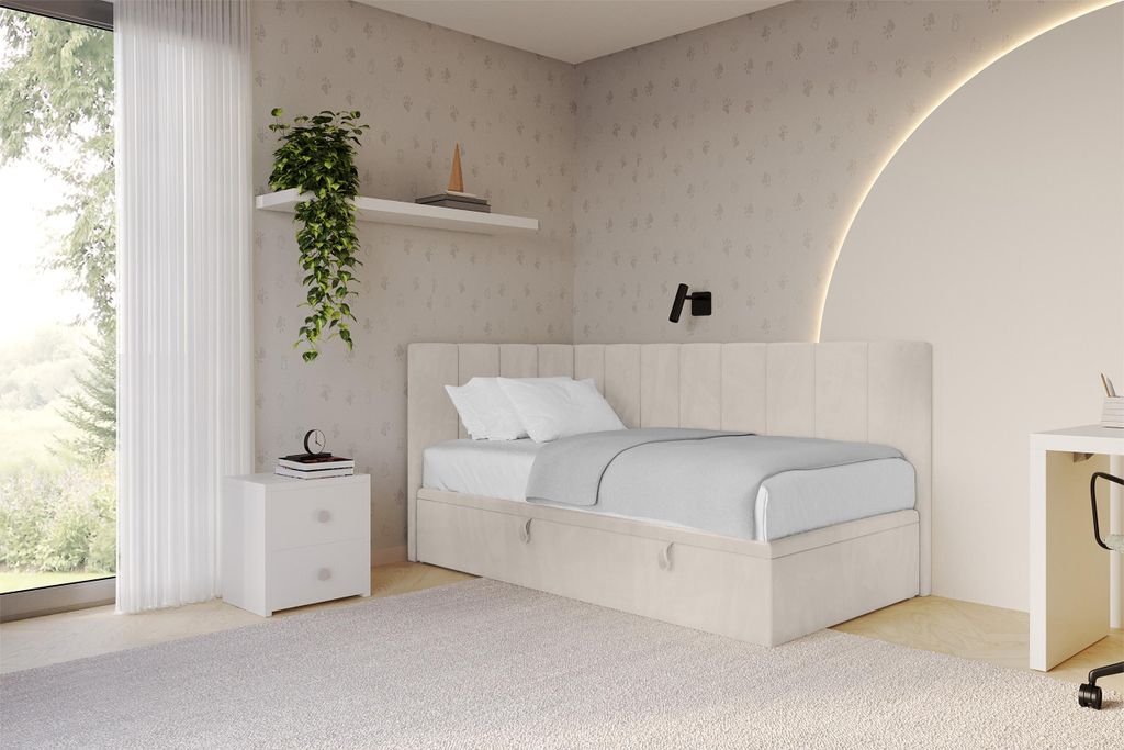 ALTDECOR Jugendbett mit Bettkasten - LOVY - 90x200 cm Beige - Casablanca 2301 - Bett ohne Matratze - Einzelbett mit Stauraum - Polsterbett Kinderbett