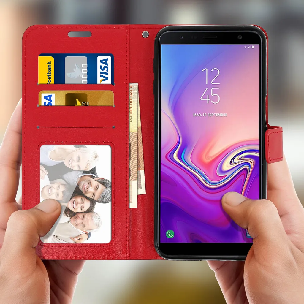 Xinyunew Cover Galaxy J6 Plus 2018 – Custodia Portafoglio Con Vetro Temperato, Slot Carte E Supporto, Rossa