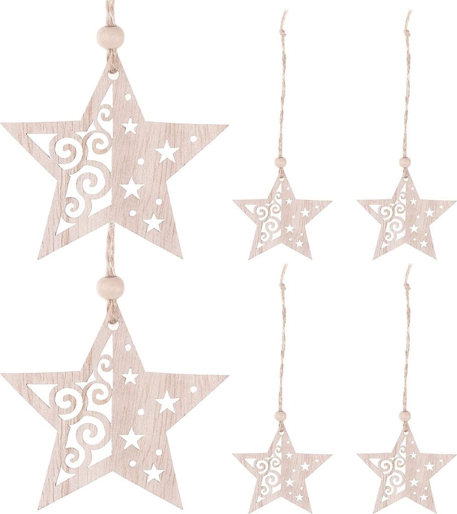 SPRINGOS Christbaumschmuck-Set aus Holz, 6 STK., Holzanhänger, Ornament, Anhänger, Weihnachten, Christbaumanhänger, DIY (Sterne)