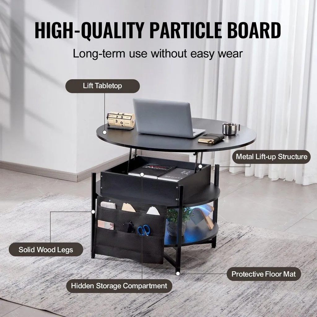Table basse relevable ronde noire idéale pour dîner devant la télé