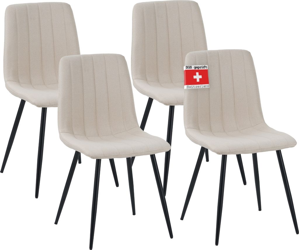 Four beige dining chairs arranged in a group against a white background.
