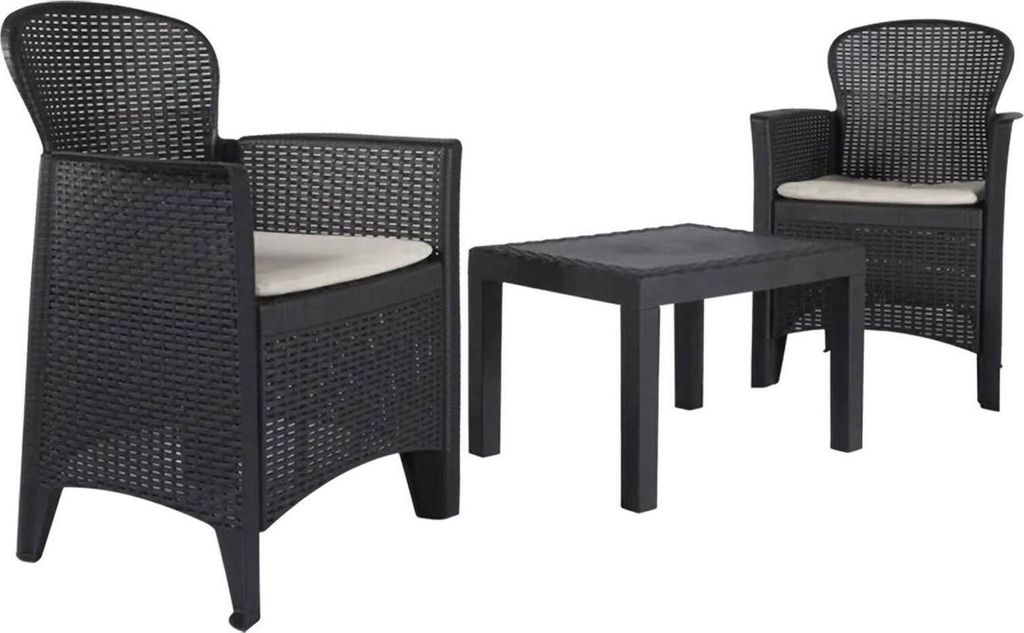 Outdoor-Lounge-Set Foggia, Gartengarnitur mit 2 Sesseln und 1 Couchtisch, Sitzgruppe in Rattan-Optik mit Kissen, 100 % Italy, Anthrazit