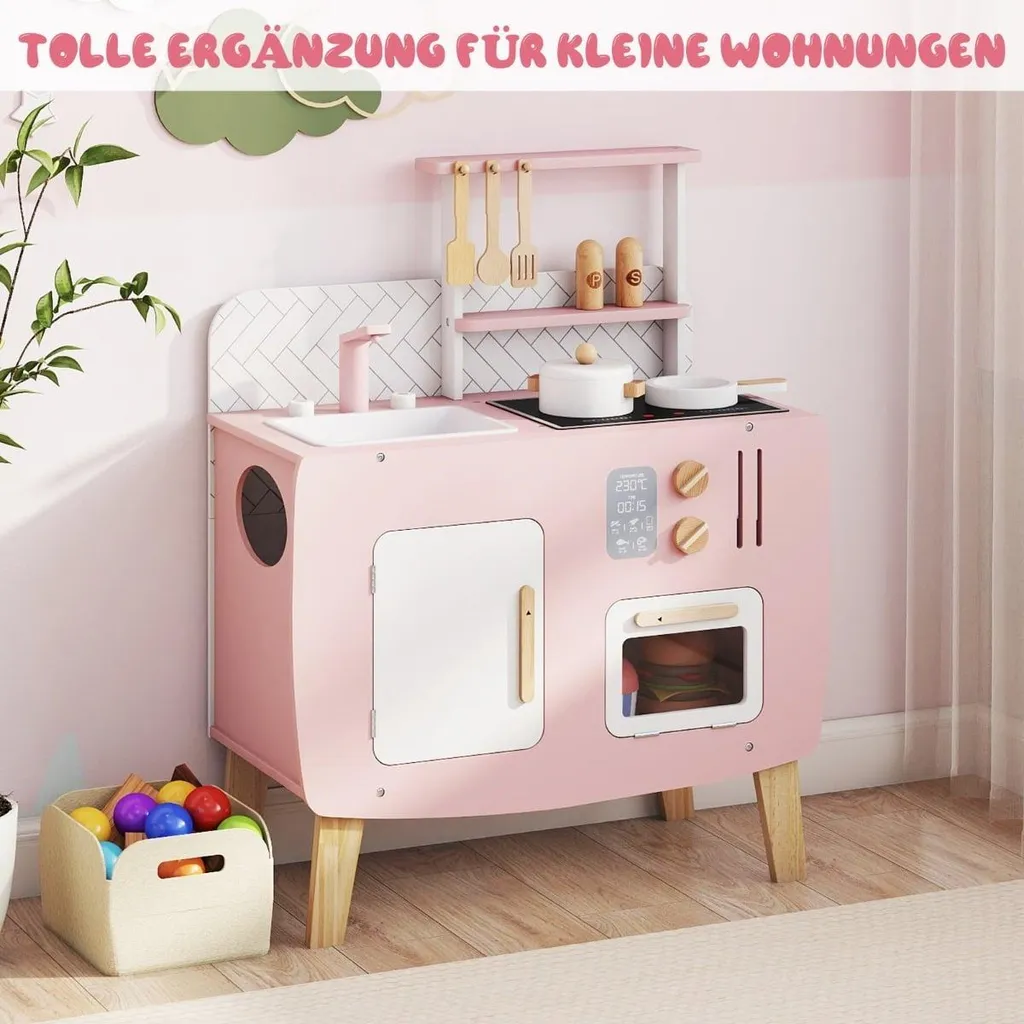 Cuisine bois enfant avec évier inox et cuisinière à boutons interactifs