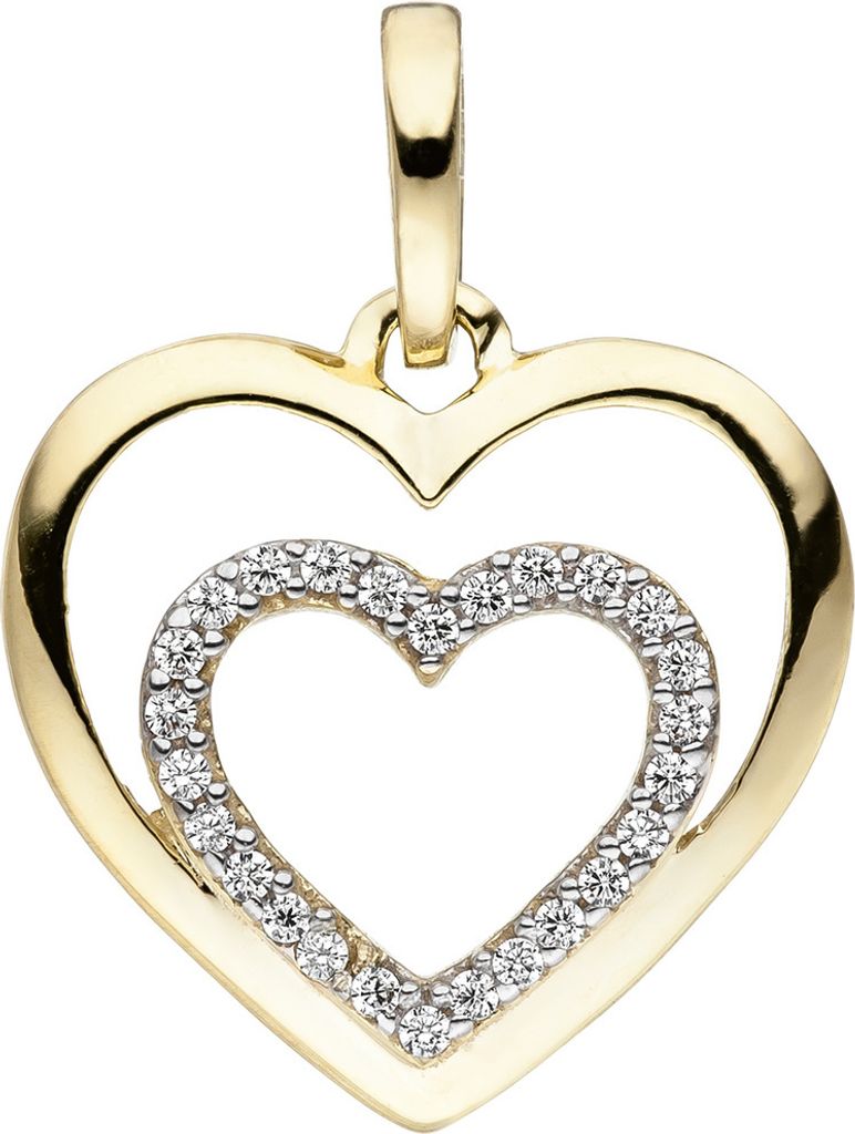 Anhänger 2 Goldherzen ein Herzchen im Herz weiße Zirkonia 375 Gold Gelbgold