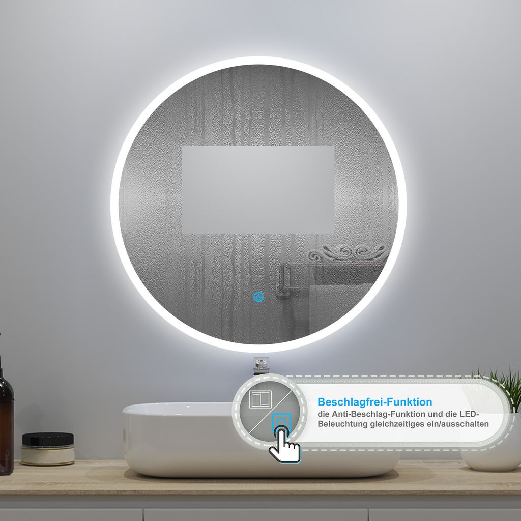 LED Rund Badspiegel 70cm 3 Lichtfarbe 3000K-6000K Dimmbar Produktbild 3