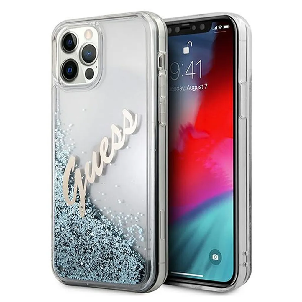 Cover Guess iPhone 12 12 Pro Glitter Blu Vintage Script - Glamour