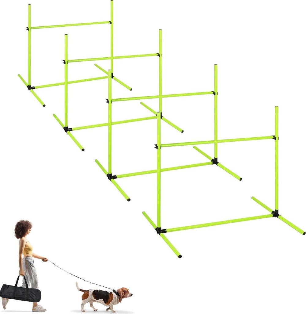 NAIZY Hunde Agility Set, 4er Slalom Stangen Hürdenset für Haustiere, PVC Hundetrainings-Set mit Tragetasche, Höheinstellbar 104x70x101cm, Grün
