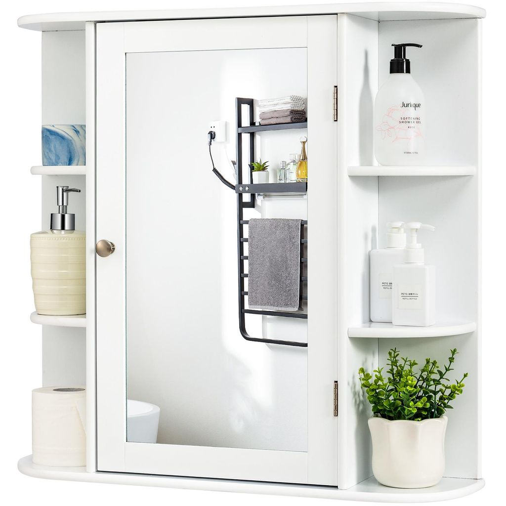 A white bathroom cabinet with a mirror, shelves, and various bathroom accessories.