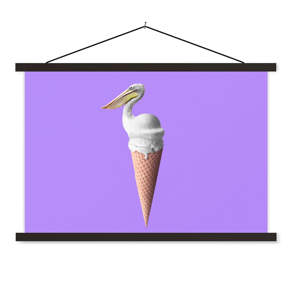 MuchoWow Textilposter Eis - Vogel - Pelikan - Weiß - Eiswaffel 90x60 cm mit schwarzem Rahmen - Aufhängungssatz