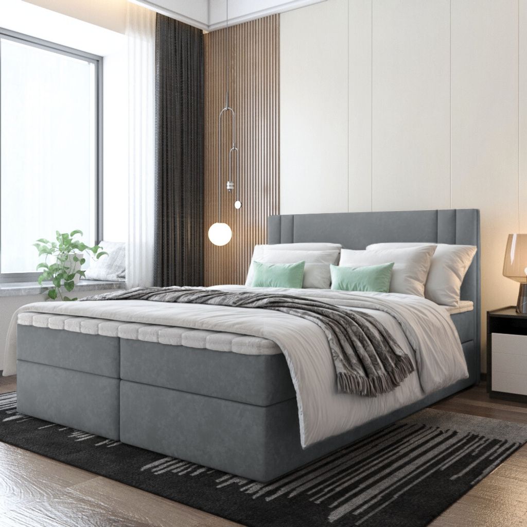 Bett Boxspringbett BEST, Mit Topper T25 und Bettkästen - Doppelbett, Stauraum, Schlafzimmer, Polsterbett, (140x200, Dunkelgrau - ITAKA 14)