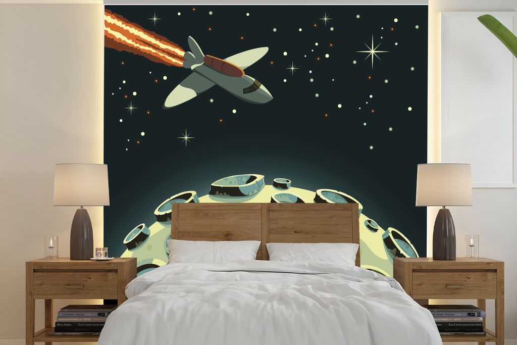 MuchoWow Fototapete für Wohnzimmer oder Schlafzimmer Wandtapete Vinyl Motivtapete Eine Science-Fiction-Illustration eines Weltraumrennens - 260x...