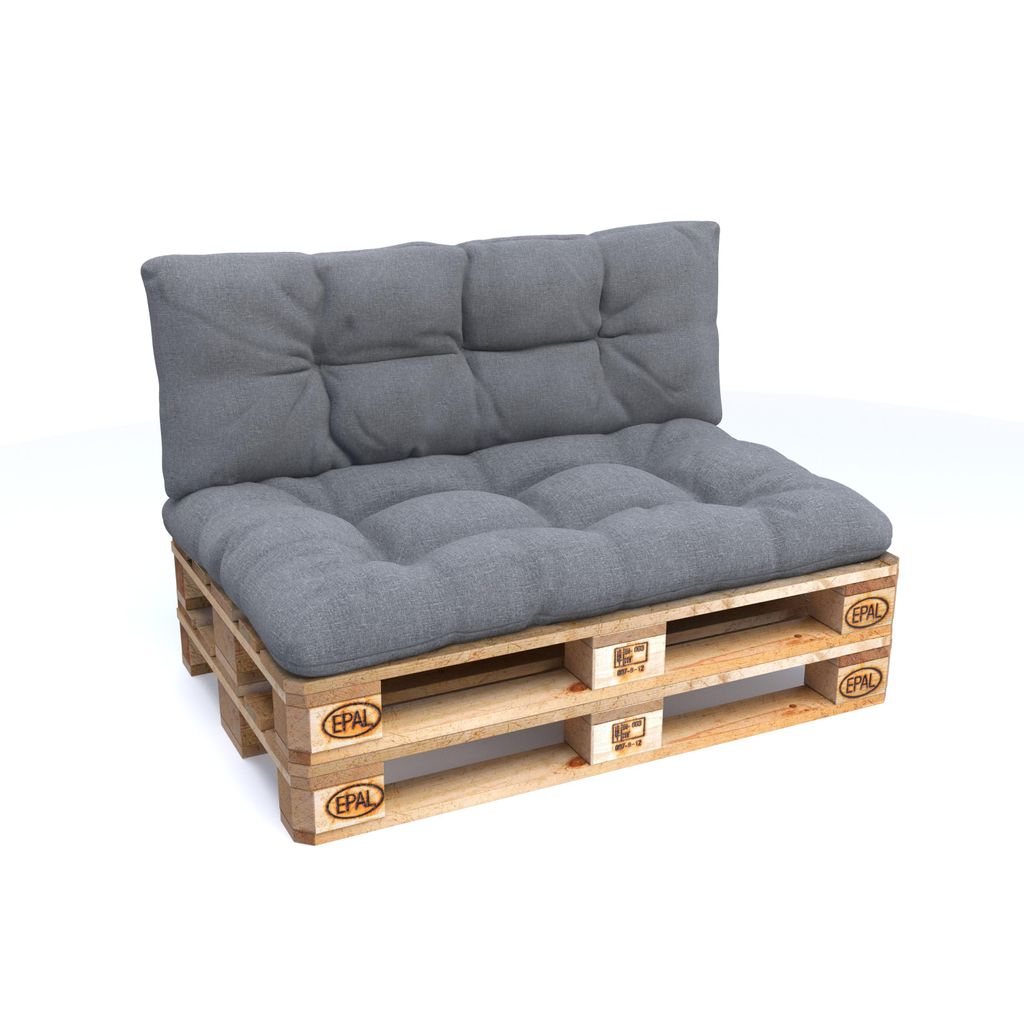 A gray pallet sofa with cushions on a white background.