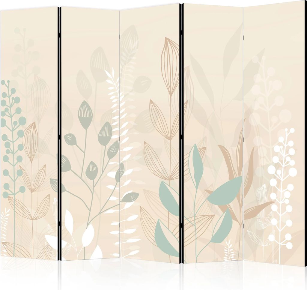 5-teiliger Doppelseitiger Vlies Paravent - Morning in the Meadow - Various Pastel Plants on a Beige Background 225x172 cm Für Kinder e-A-10130-z-b