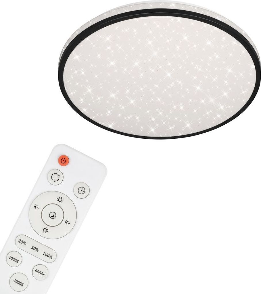 A ceiling light and its remote control are shown against a white background.