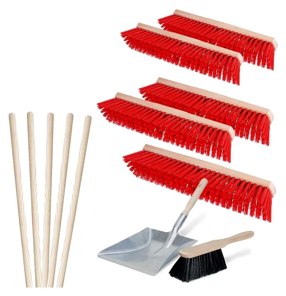 Set mit 10 Straßenbesen, Länge 600 mm, inklusive 5 Sattelholz-Besenstiele und 1 Kehr-Set