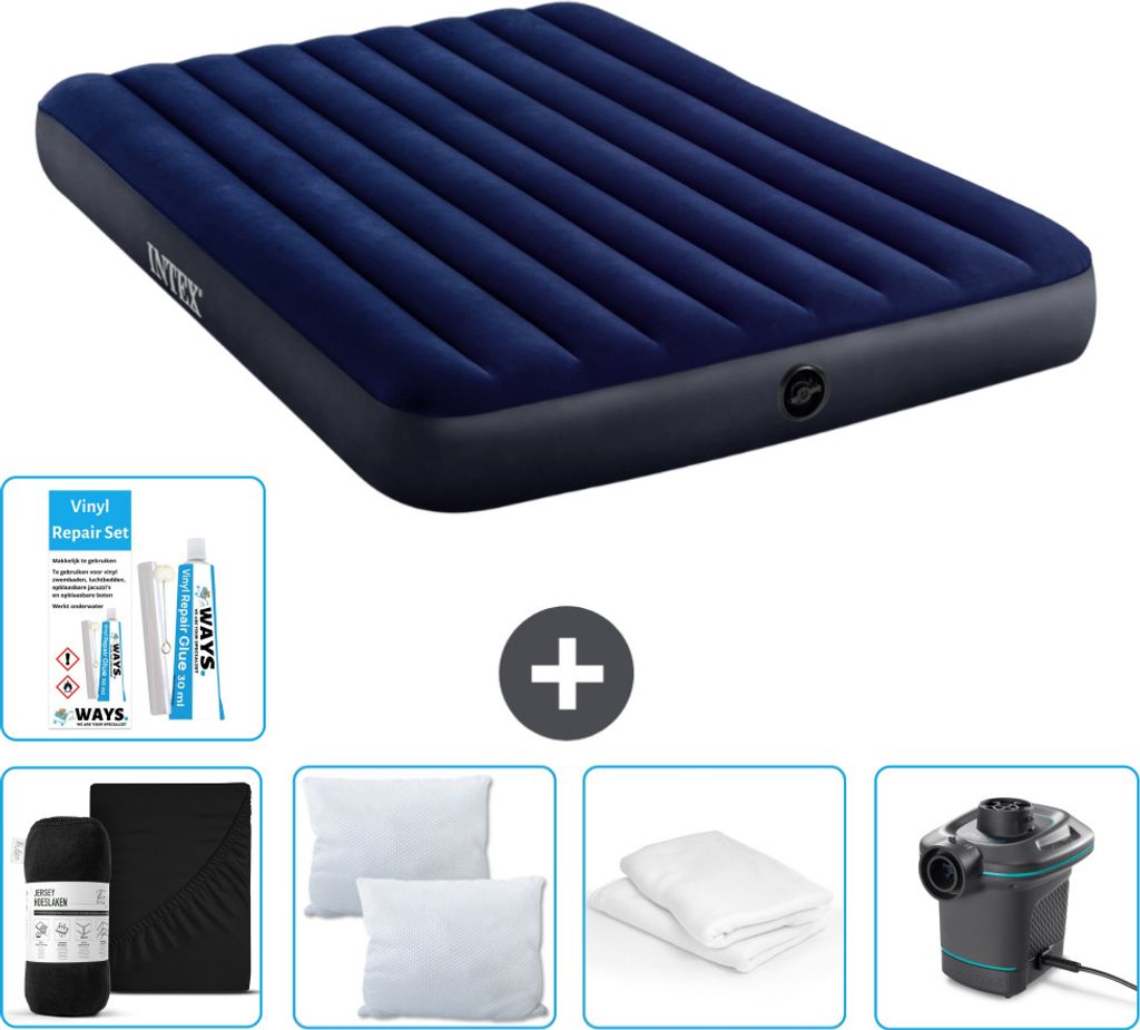Intex Luftbett – 2 Personen – 152 x 203 x 25 cm – Blau – im Lieferumfang enthalten Spannbettuch - Küssen - Pumpe - Reperaturset en Kissens...