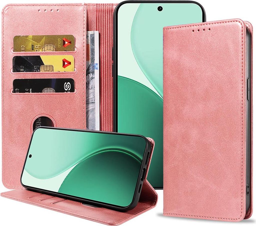 Geeignet für Oppo Reno 14 Handytasche Kunstleder mit Magnetverschluss und Kartenhalter Bookcase mit Klappe - Wallet Case mit Kartenfach - Pink Gol...