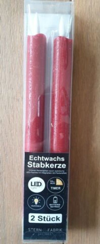 2er Set LED Stabkerze Batterie Timer Echtwachs 25cm rot Produktbild 