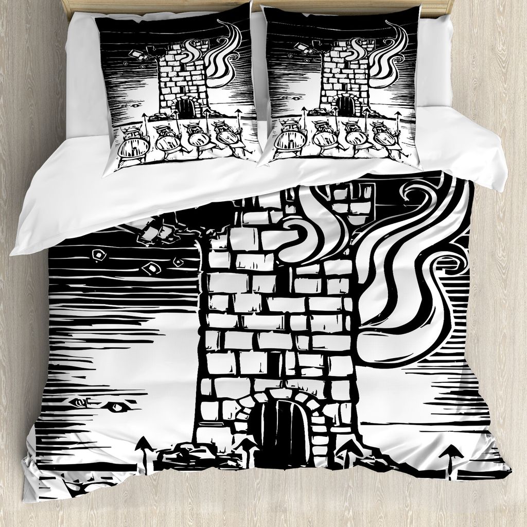 ABAKUHAUS Schloss Bettbezug Set für Einzelbetten, Holzschnitt-Art Viking-Turm, Milbensicher Allergiker geeignet mit Kissenbezug, 155 cm x 220 cm -...