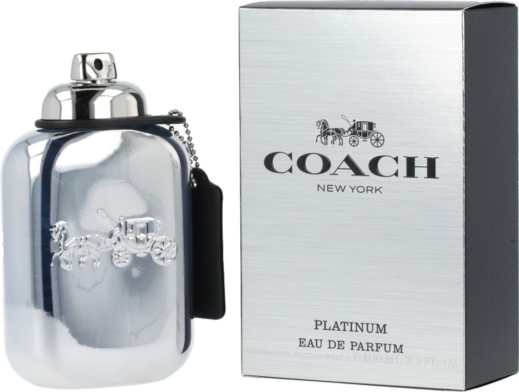 A bottle of Coach Platinum Eau de Parfum for men and its packaging are displayed against a white background.