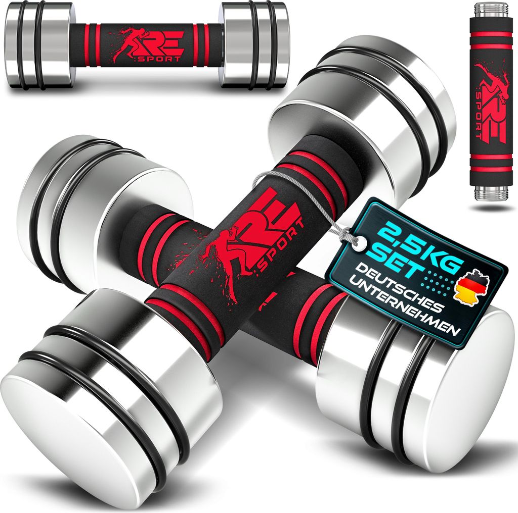 RE:SPORT 2er Hanteln Set aus massivem Stahl Rot 2 x 2,5kg | Hantel Kurzhantel mit Gewichten & Schaumstoffgriff | Fitness Kurzhanteln Home Gym, Kr...