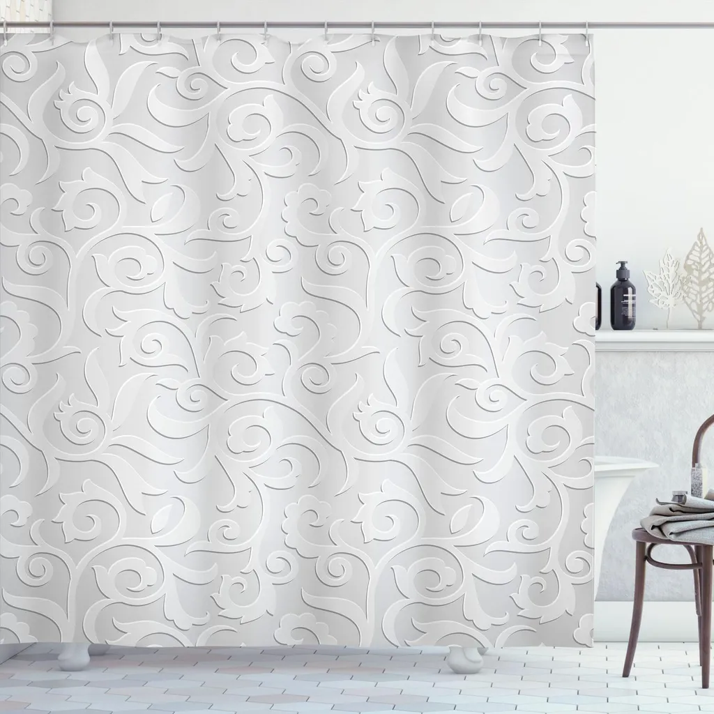 Grand rideau de douche en tissu gris 175x240 cm décor lierre et vigne