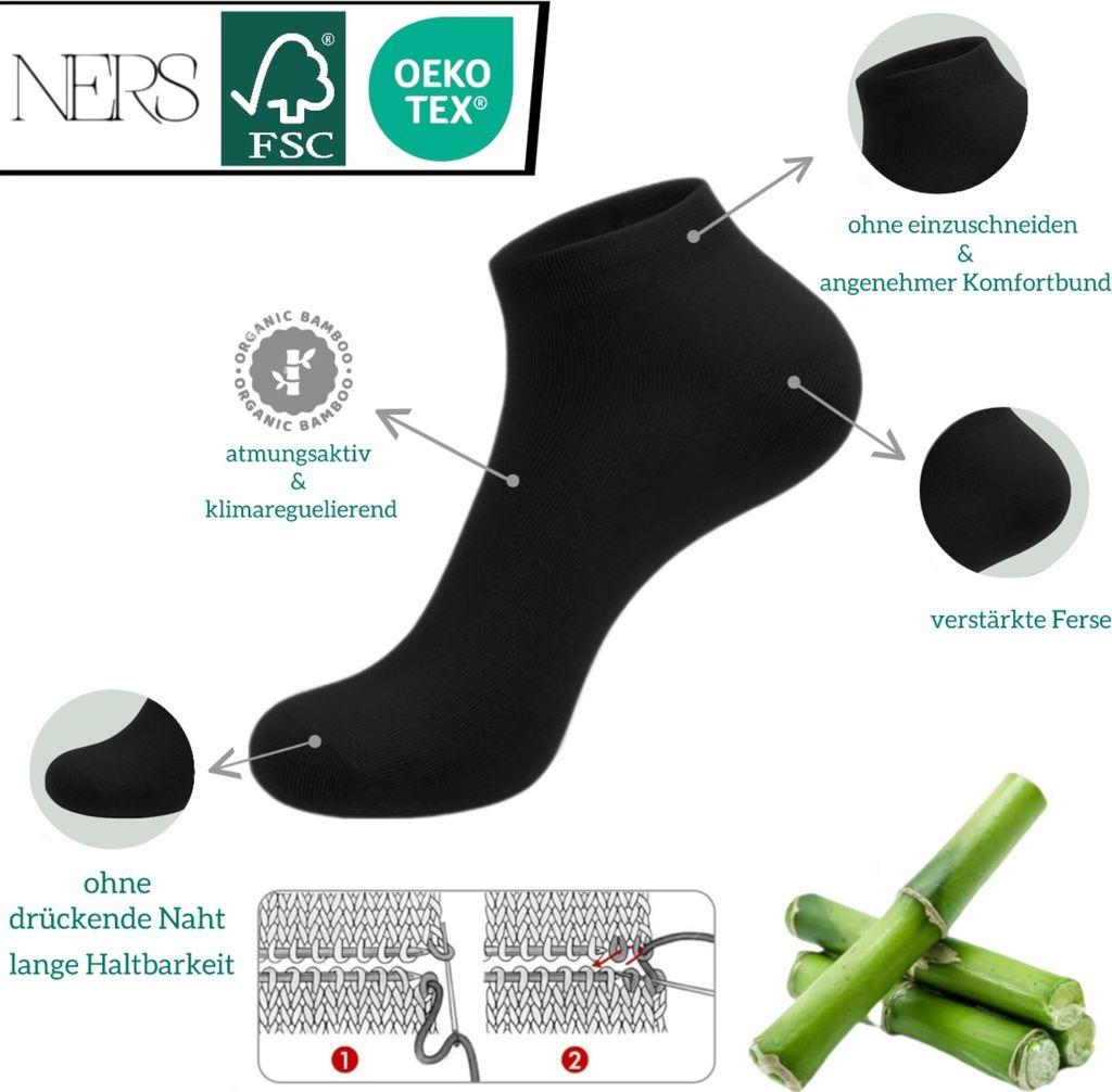 Bambus Sneakersocken ohne Naht (10 Paar) fr Damen & Herren