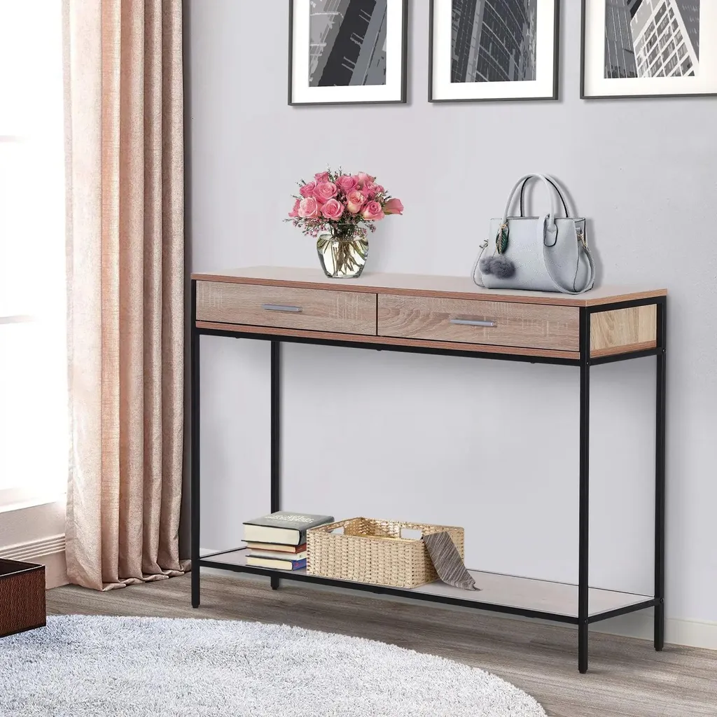 Table Console d'Entrée en Chêne avec Rangement et Étagère Basse 120cm