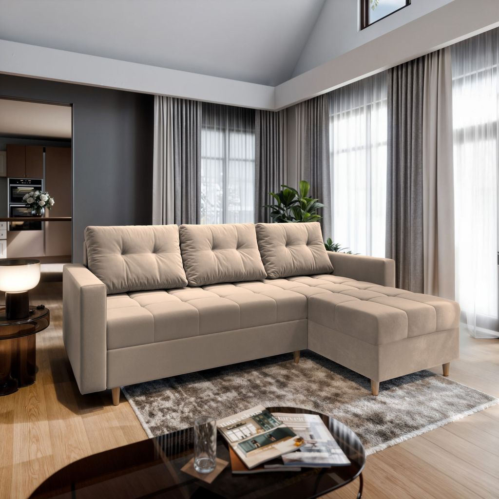 Masseno Ecksofa MILO L mit Schlaffunktion L-Form, Sofa mit Bettkasten, Wohnzimmersofa, Couch, Soffa, Bettsofa, Couchgarnitur- Beige, PAROS 02