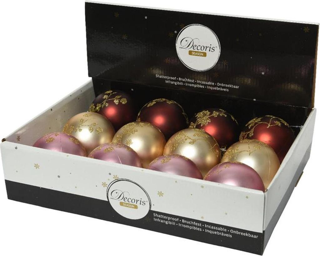 Kerstballen mix 12st goud, rood en roze