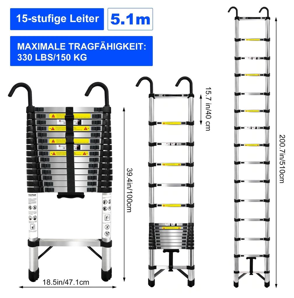 Teleskopleiter, Edelstahl, 150 kg Tragfähigkeit, 5.1m mit Produktbild 