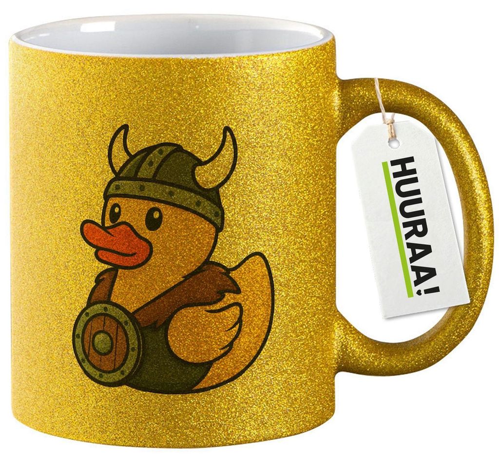 Huuraa Glitzertasse Quietscheente Wikinger Gummiente Viking 330ml Gold Keramik Kaffeebecher Geschenkidee