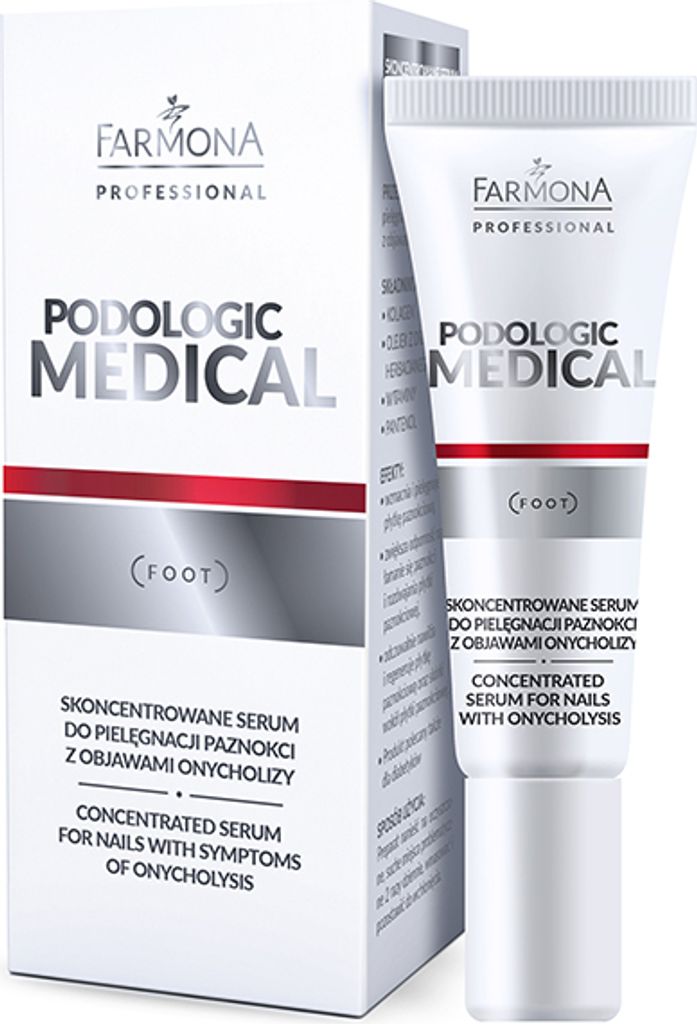A product shot of a tube of Farmona Podologic Medical serum and its box, presented on a white background.