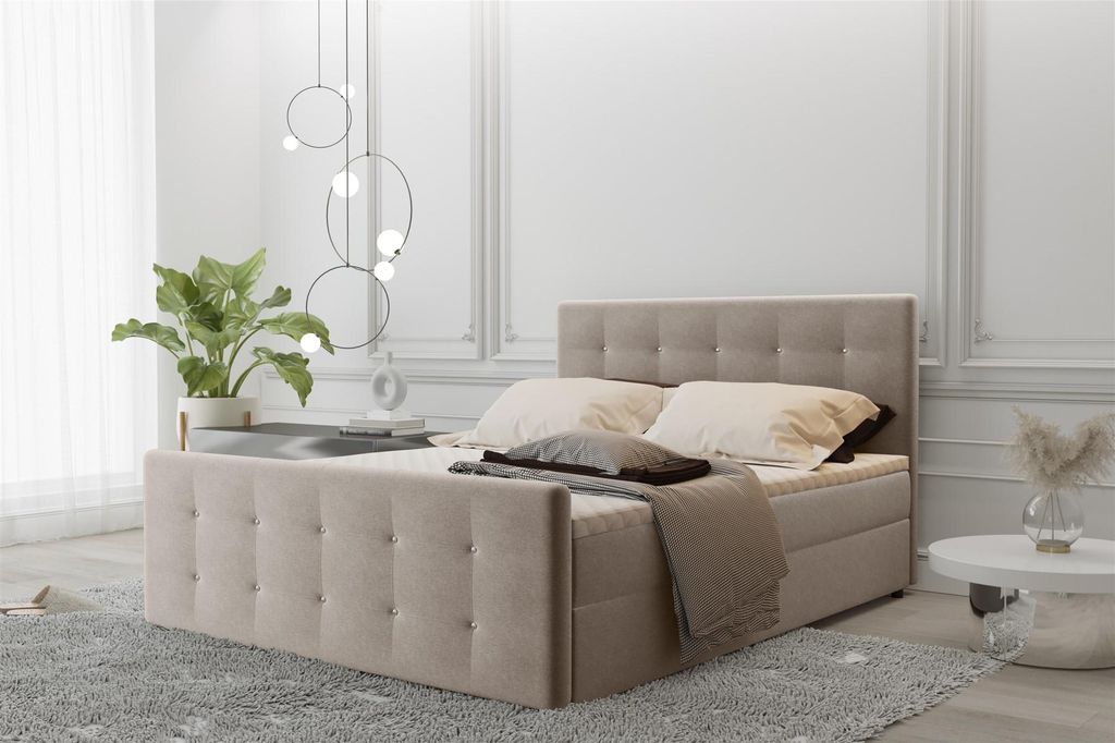 Boxspringbett Schlafzimmerbett MAURO 140x200cm Stoff Soro Creme inkl.Bettkasten